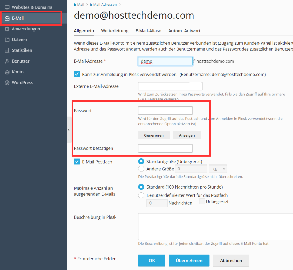 Plesk control panel 
Go to e-mail on the left
Select your address
Set a new password and confirm it once again.
Save