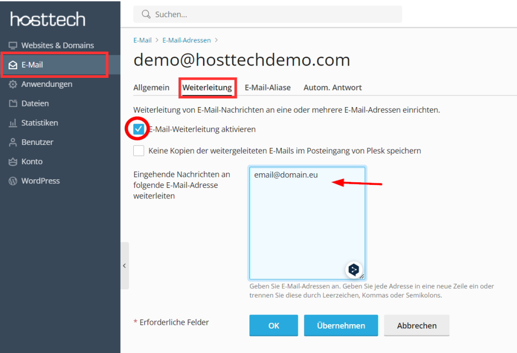 Plesk Controlpanel
Email forwarding: Click on Email, select the relevant email and switch to Forwarding. Check the box next to Activate e-mail forwarding and enter the e-mail address.