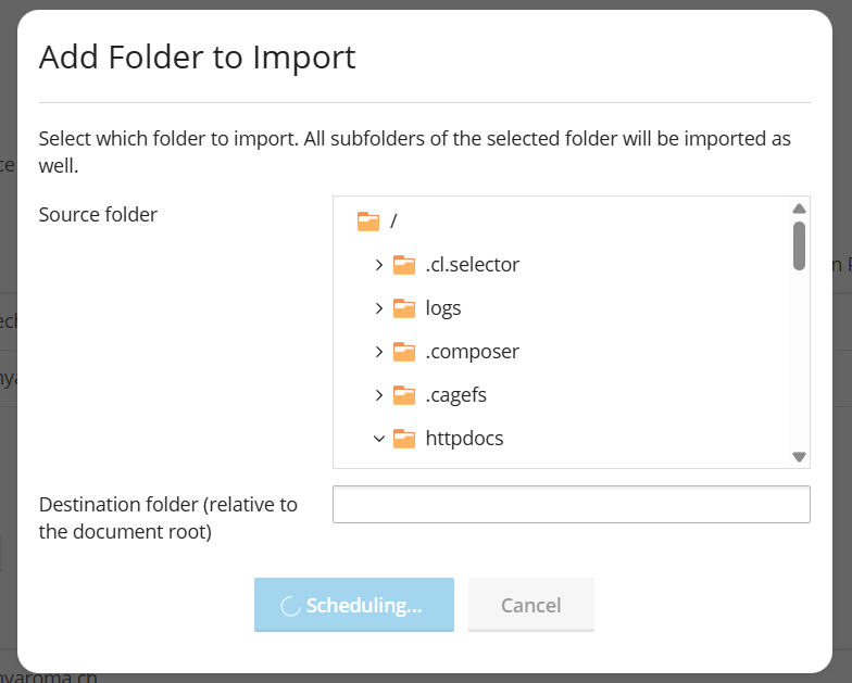 Add Folder to import. Choose httpdocs. 